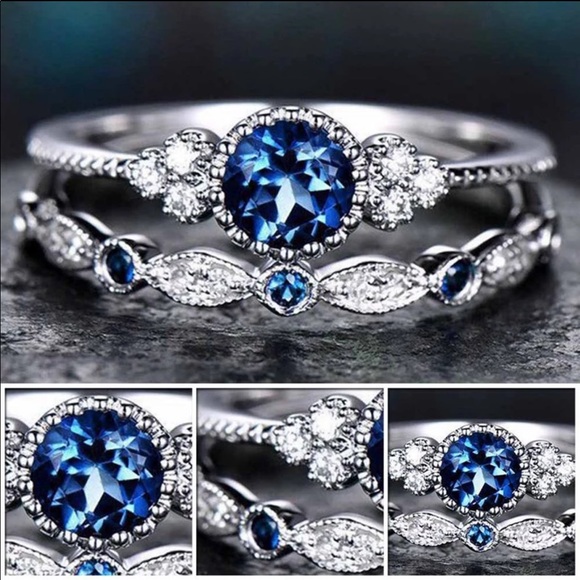 2 Pcs/Set Sterling Silver Luxury Crystal Blue Ring - Picture 3 of 4